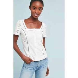 Ett:twa Anthropologie White Crochet Button Front Aurora Top